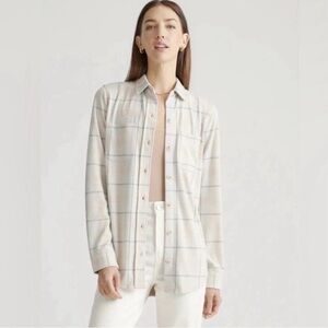 Quince Women's Buttoned Down Sweater Stretch Knit Plaid Fleece Shirt